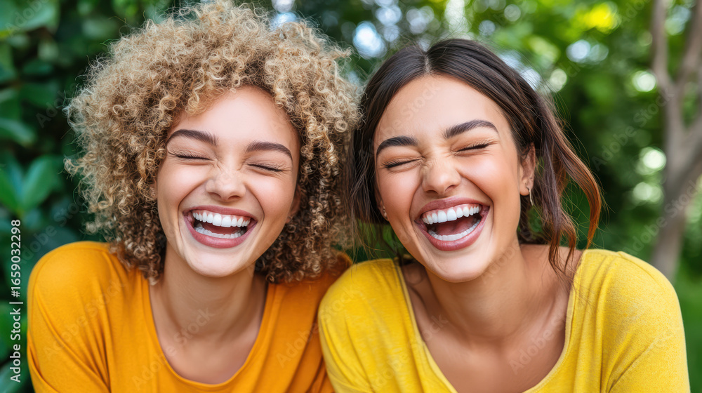 Obraz premium Joyful friends laughing together in nature, showcasing happiness and friendship