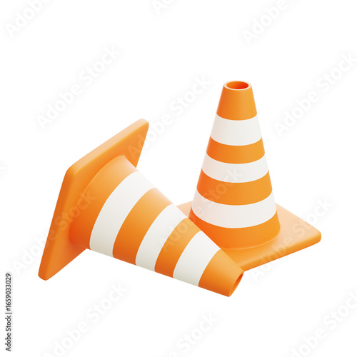 3D illustration of two orange traffic cones with white stripes, placed on white background, used for road safety and caution warning.