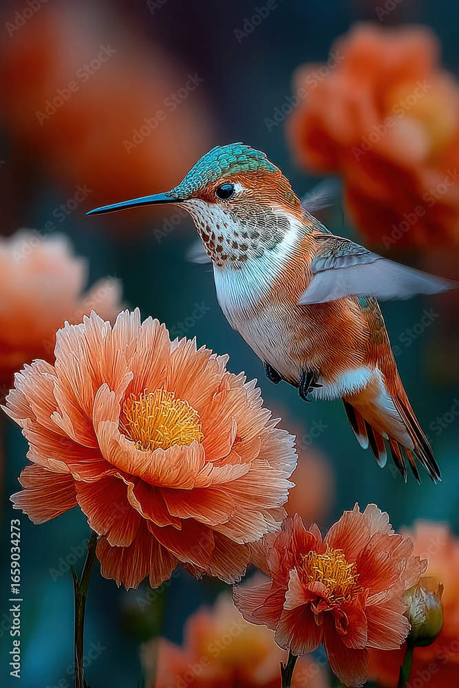 Naklejka premium A hummingbird gracefully flying next to a beautiful, ruffled orange flower