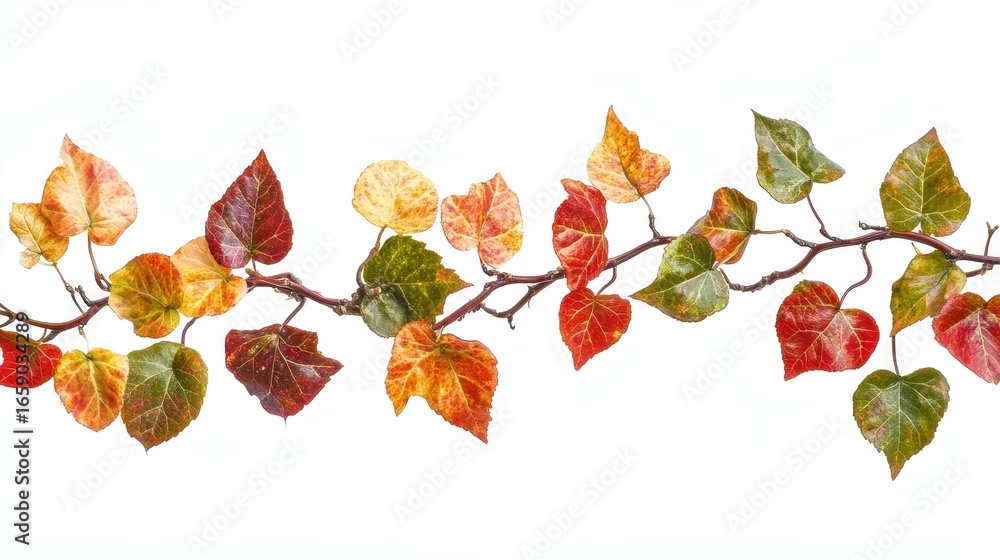 Fototapeta premium Colorful autumn ivy leaves and vine, isolated against a clean white background. Use for seasonal cards, invitations, or nature-themed designs.
