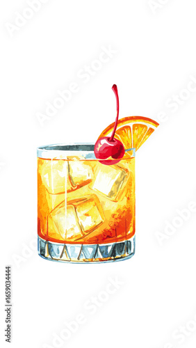 Watercolor Illustration of a Whiskey Sour Cocktail with Citrus Garnish