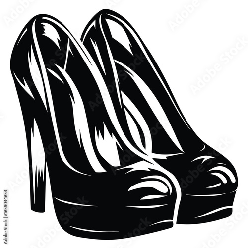 A pair of stylish, black highheeled platform shoes in vector format