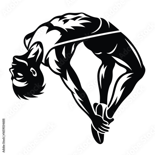 Black and white vector image of a high jumper in full arch