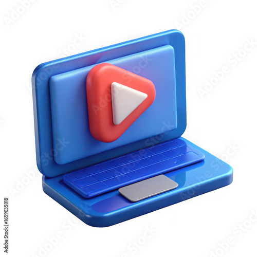 3d laptop with play button icon isolated on transparent background