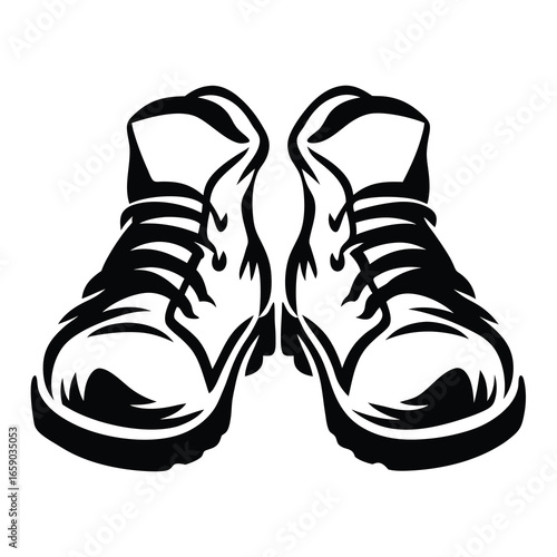 Stylized black and white vector image of two boots facing forward