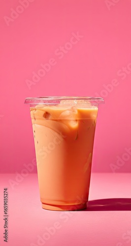 Wallpaper Mural Iced tea in a clear plastic cup with ice, set against a vibrant pink background Torontodigital.ca