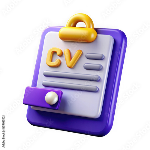 3d cv resume document with clip isolated on transparent background