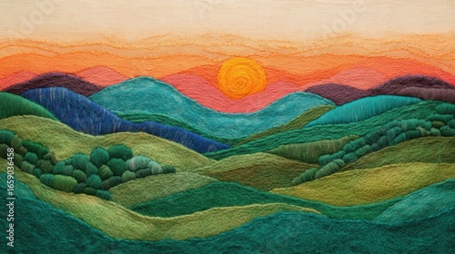 Vibrant Embroidery Artwork of Colorful Hills and Setting Sun Over Landscape