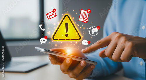 Smartphone user facing digital alert with urgent notifications about email, calls, and messages
