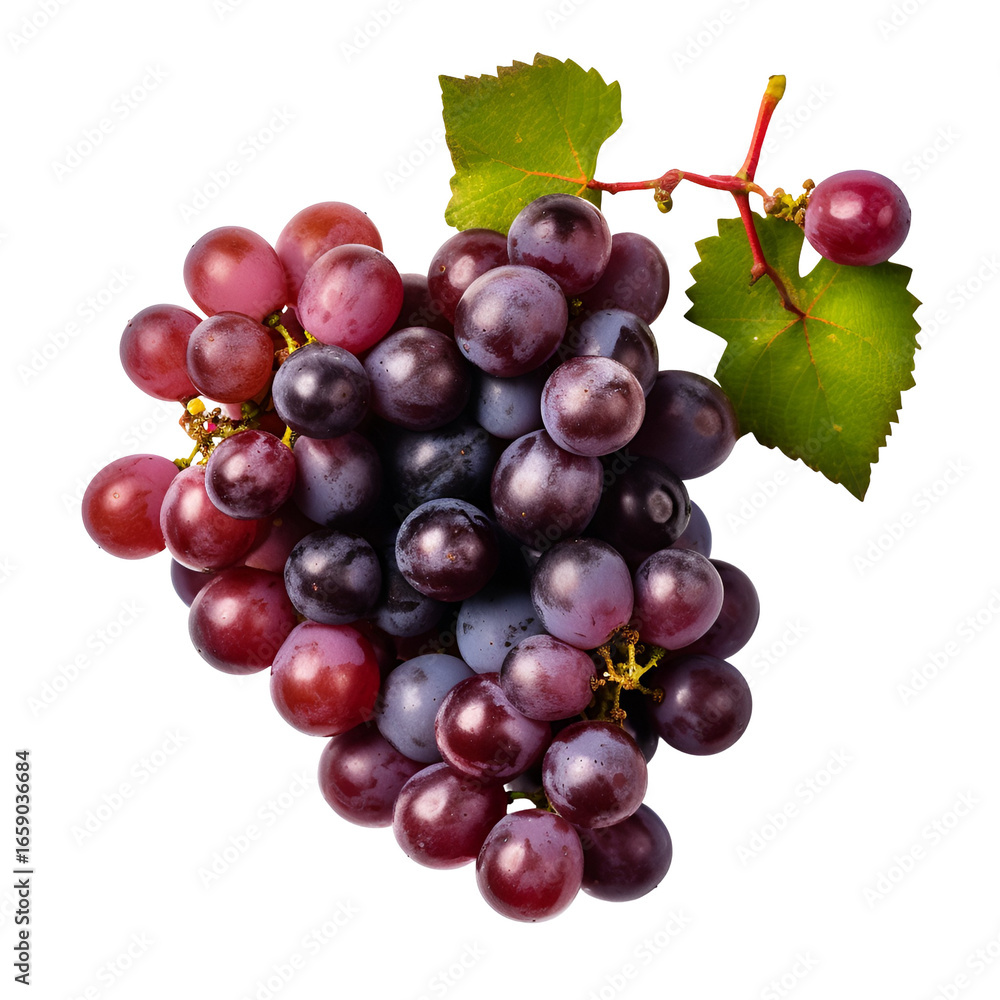 Fototapeta premium Red and purple grapes with green leaves on black background