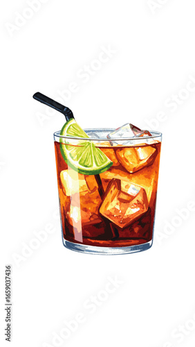 Watercolor Illustration of Dark ’n’ Stormy Cocktail