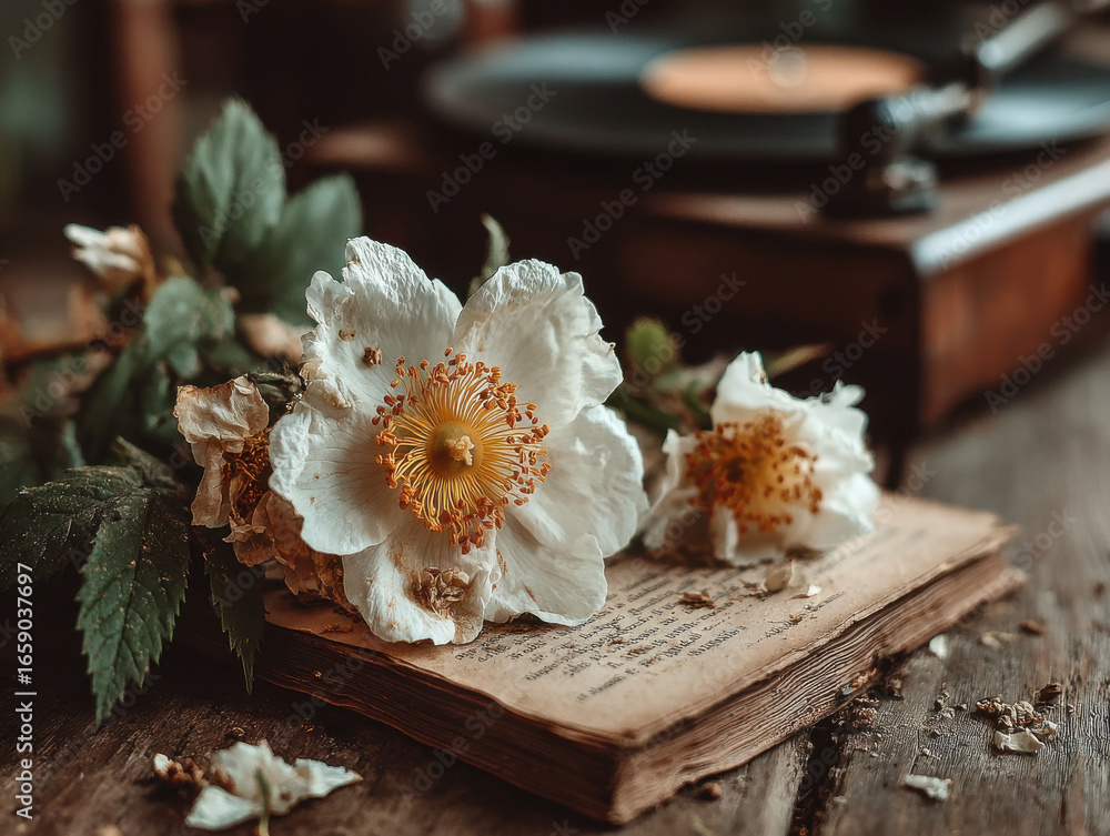 Fototapeta premium Faded Flowers and Old Book on a Table