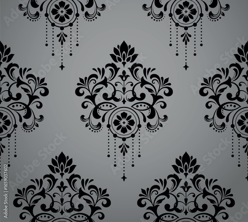 Wallpaper in the style of Baroque. Gray and black floral ornament. Seamless vector background. Graphic pattern for fabric, wallpaper, packaging. Ornate Damask flower illustration