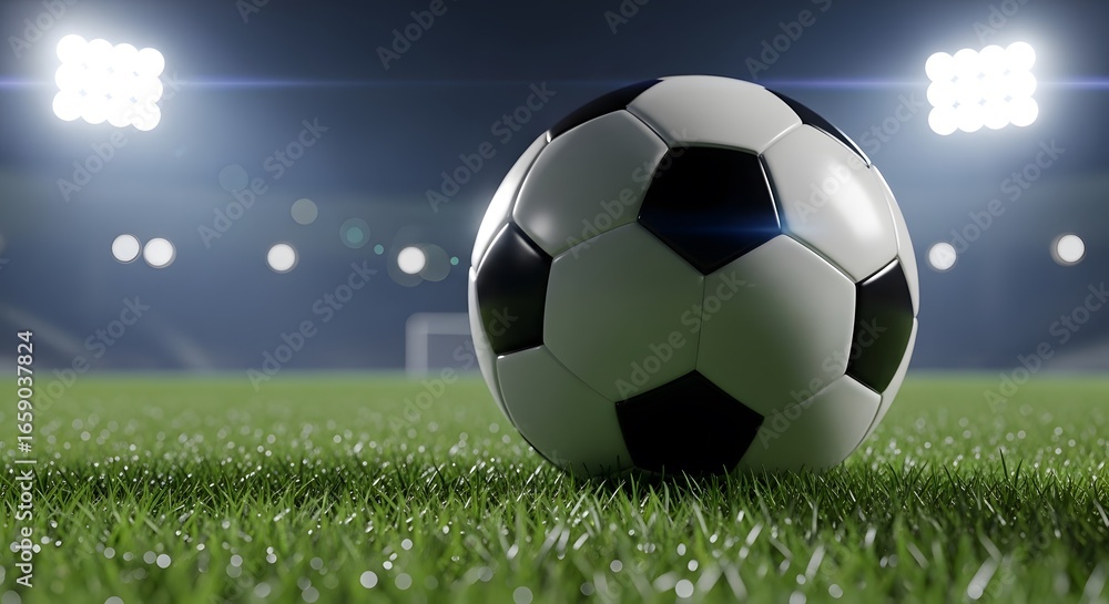 Fototapeta premium Soccer ball on the field under stadium lights, game ready