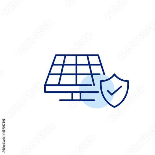 Energy compliance certified, protected solar investment, reliable green technology, quality-assured solar panel, eco-friendly system verification. Pixel perfect, editable stroke vector icon