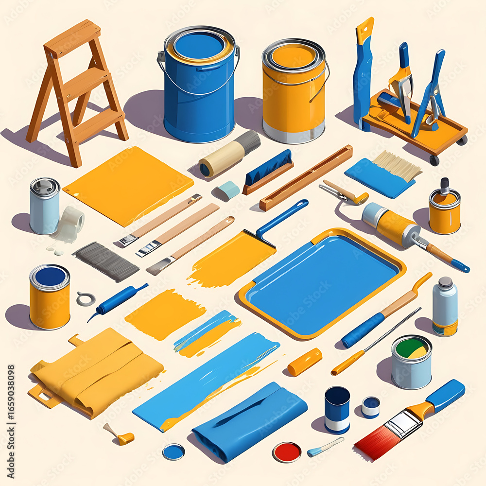 Obraz premium Isometric view of painting tools and equipment isolated on white background