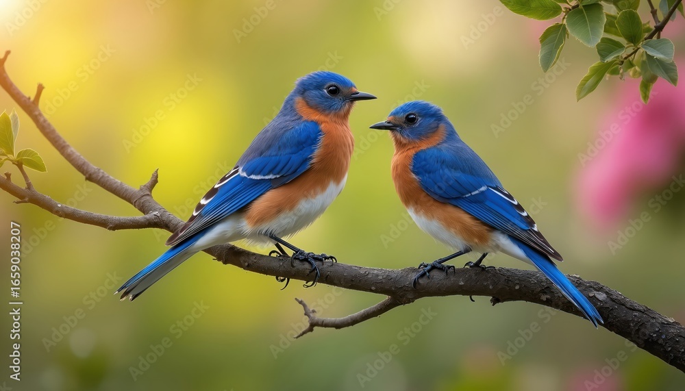 Two bluebirds perch on tree branch. One bird gazes at other. Vibrant blue and orange feathers contrast against soft green and yellow blurred background. Nature, wildlife, spring season, avian life. Two bluebirds perch on tree branch. One bird gazes at other. Vibrant blue and orange feathers contrast against soft green and yellow blurred background. Nature, wildlife, spring season, avian life.