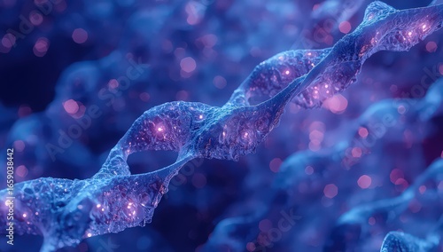 Close up of a dna strand with blue and purple lights creating an abstract molecular structure art