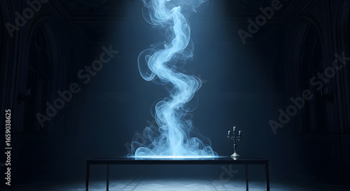 Ethereal Blue Smoke Emanating from Table in Dark Room