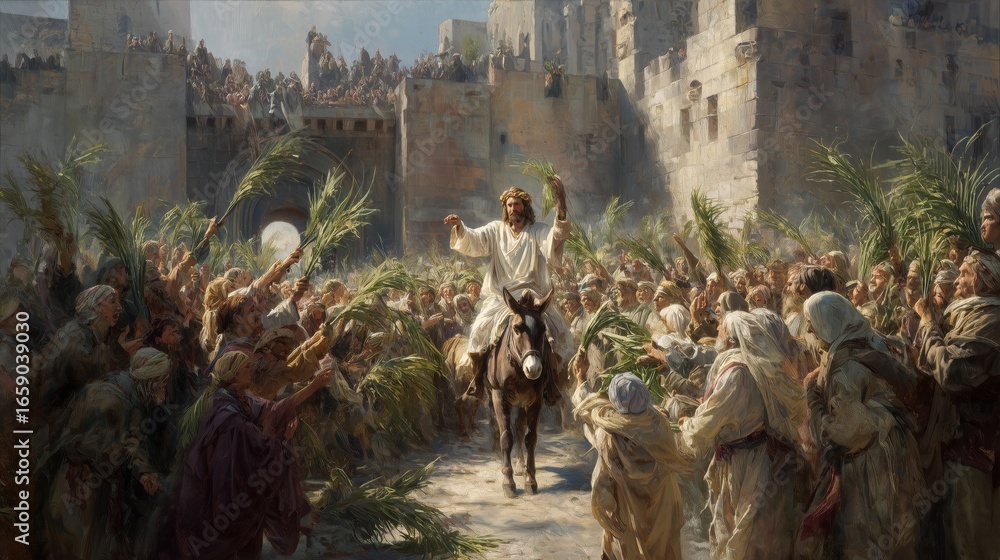 Obraz premium When Jesus entered Jerusalem, a large crowd welcomed him by shouting Hosanna.