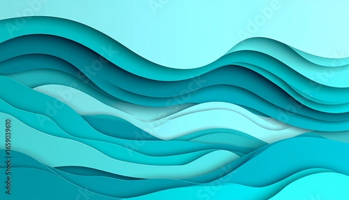 Abstract Papercut Style Wavy Layered Shapes in Blue Green Tones Background