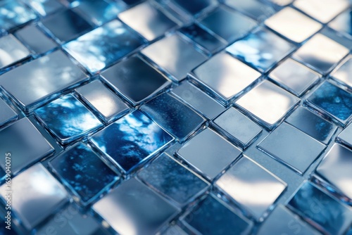 Shimmering Blue Mosaic Tiles Reflecting Light in Artistic Design