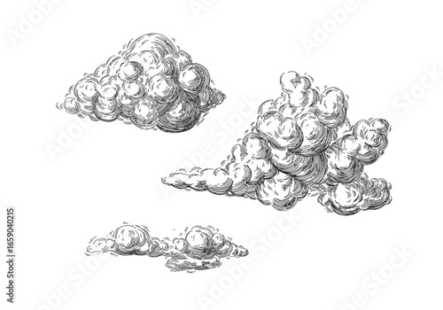 Set of clouds in hand drawn vintage retro style isolated on white background. Cartoon design elements. Vector illustration.	