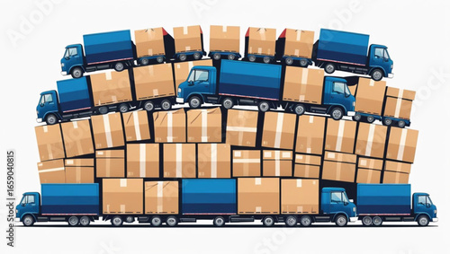 Blue delivery trucks loaded with stacked cardboard boxes on white background cargo truck lorry