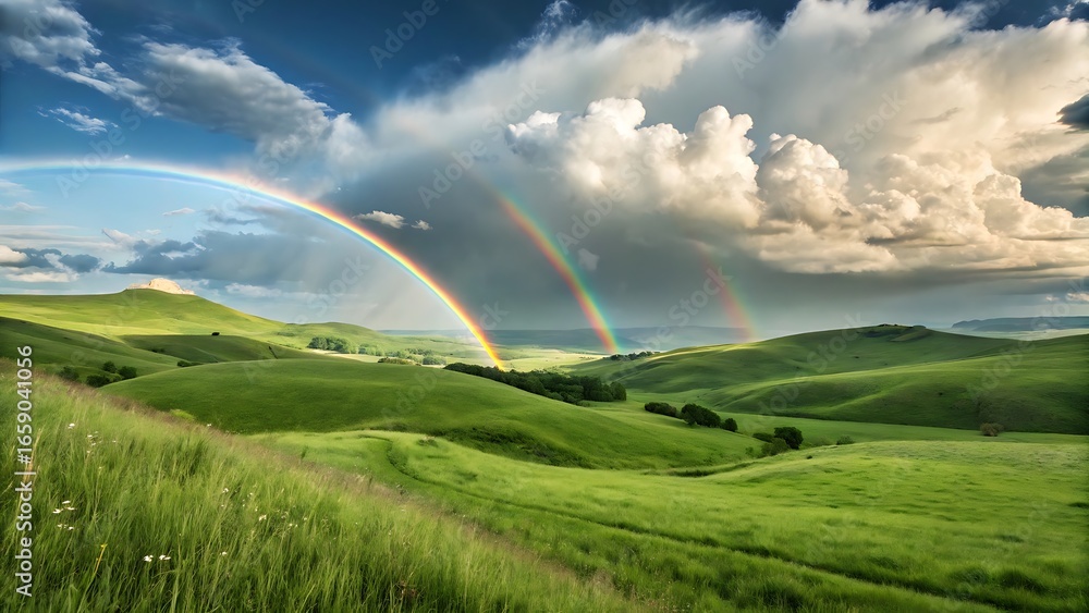 Naklejka premium Vibrant double rainbow arcs over lush green rolling hills after a storm