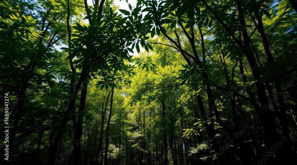 Obraz premium Lowangle shot of dense forest with tall trees green leaves and bright sunlight shining through the canopy