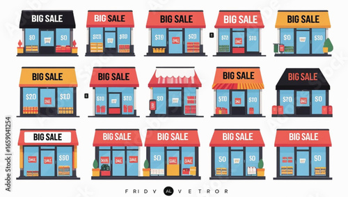 Collection of twelve flat design storefronts advertising big sales shop retail