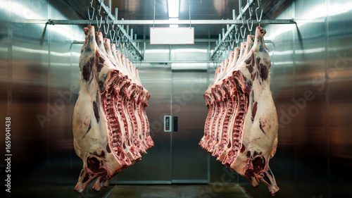 Meat carcasses hanging on hooks in cold storage room with blurred background, empty copy space, concept of meat industry