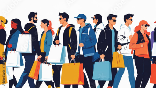 Diverse group of people carrying colorful shopping bags illustration vector
