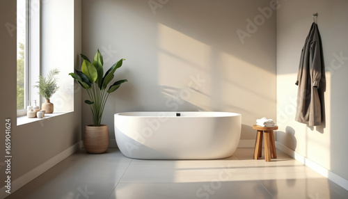 Modern bathroom oasis features freestanding bathtub  soft lighting  neutral tones. Natural light streams through window illuminating green plant  creating serene spa-like atmosphere for relaxation 
