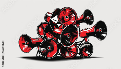 Pile of Red and Black Megaphones with White Accents on Light Gray Background bullhorn sound