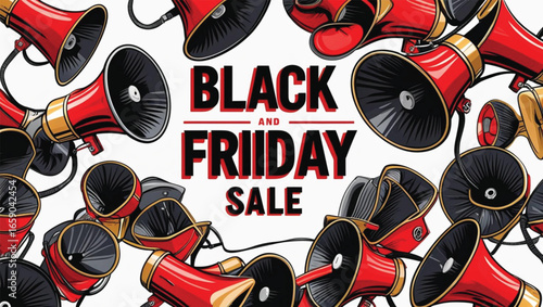 Red and black megaphones announcing Black Friday sale event bullhorn announcement