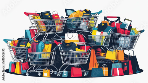 Pile of shopping carts overflowing with colorful bags and merchandise shopping bags retail