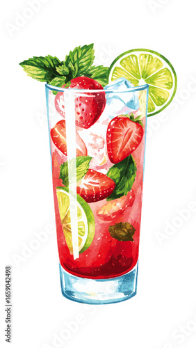 Watercolor Illustration of Strawberry Mojito Cocktail