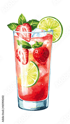 Watercolor Illustration of Strawberry Mojito Cocktail