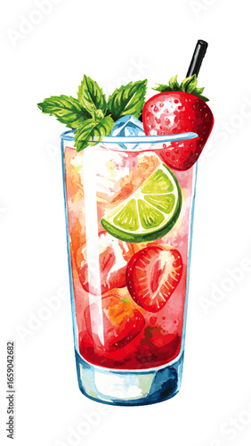 Watercolor Illustration of Strawberry Mojito Cocktail