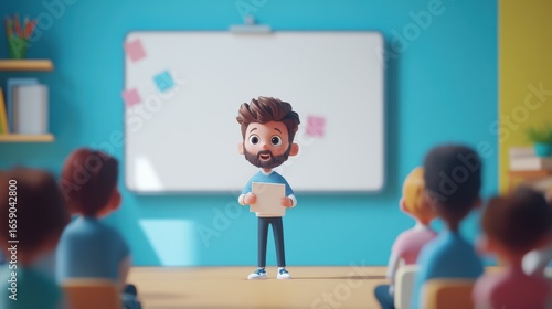 Young Presenter Engaging Audience in Classroom Setting with Chalkboard