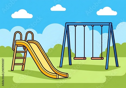 Cartoon playground scene with a slide and swings set against a bright sunny sky illustration