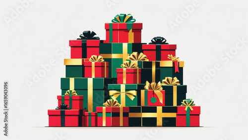 Stack of red green and gold Christmas gift boxes with bows gifts presents
