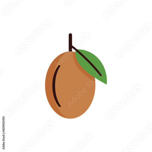 Illustration of a single brown loquat fruit with a green leaf and stem against a plain white background.