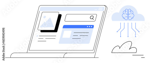 Open laptop displaying image search and web navigation next to cloud with AI brain icon. Ideal for AI, data processing, innovation, cloud computing, internet search, digital tools, simple landing