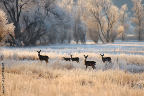 Herd of Deer Grazing in a Frosty Meadow During Sunrise.