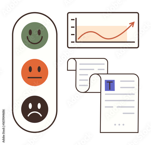 happys indicating feedback, line graph showing progress, and sheets with textual details. Ideal for performance review, customer satisfaction, data analysis, growth tracking, reporting, user