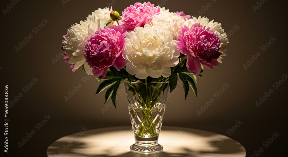 Obraz premium 優雅な牡丹の花束 温かい光に照らされ輝く. AI Generated