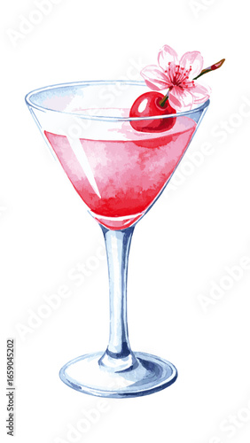 Delicate Watercolor Cherry Blossom Cocktail Illustration 