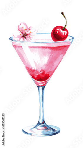 Delicate Watercolor Cherry Blossom Cocktail Illustration 